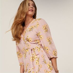 Madewell Size XXS Linen Blend Ruffle Cuff Wrap Floral Dress in Dutch Dandelions